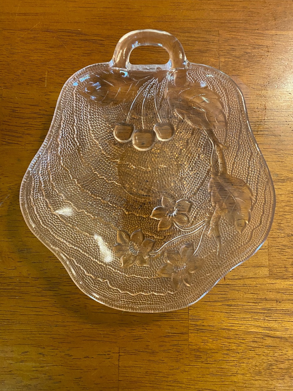 VTG Pink Depression Glass Pear-Shaped Nappy Dish with Cherries & Blossoms Motif